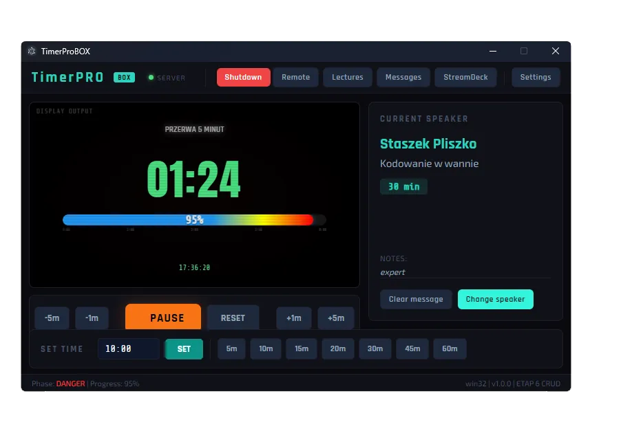 TimerProBOX operator console with countdown, current speaker and controls