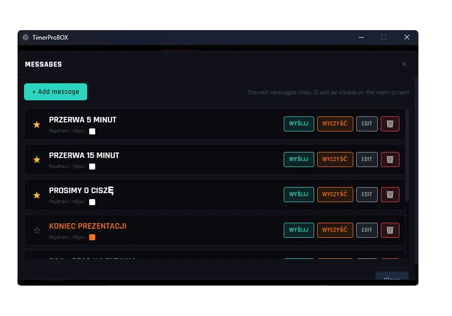 TimerProBOX message manager for on-screen speaker messages