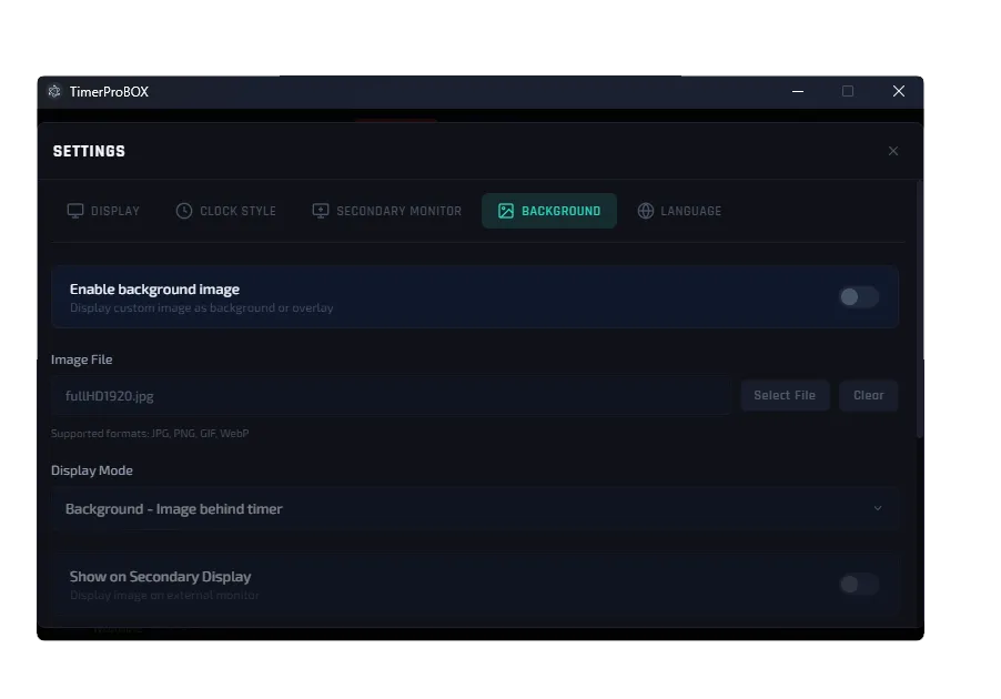 TimerProBOX settings screen with branding and display options